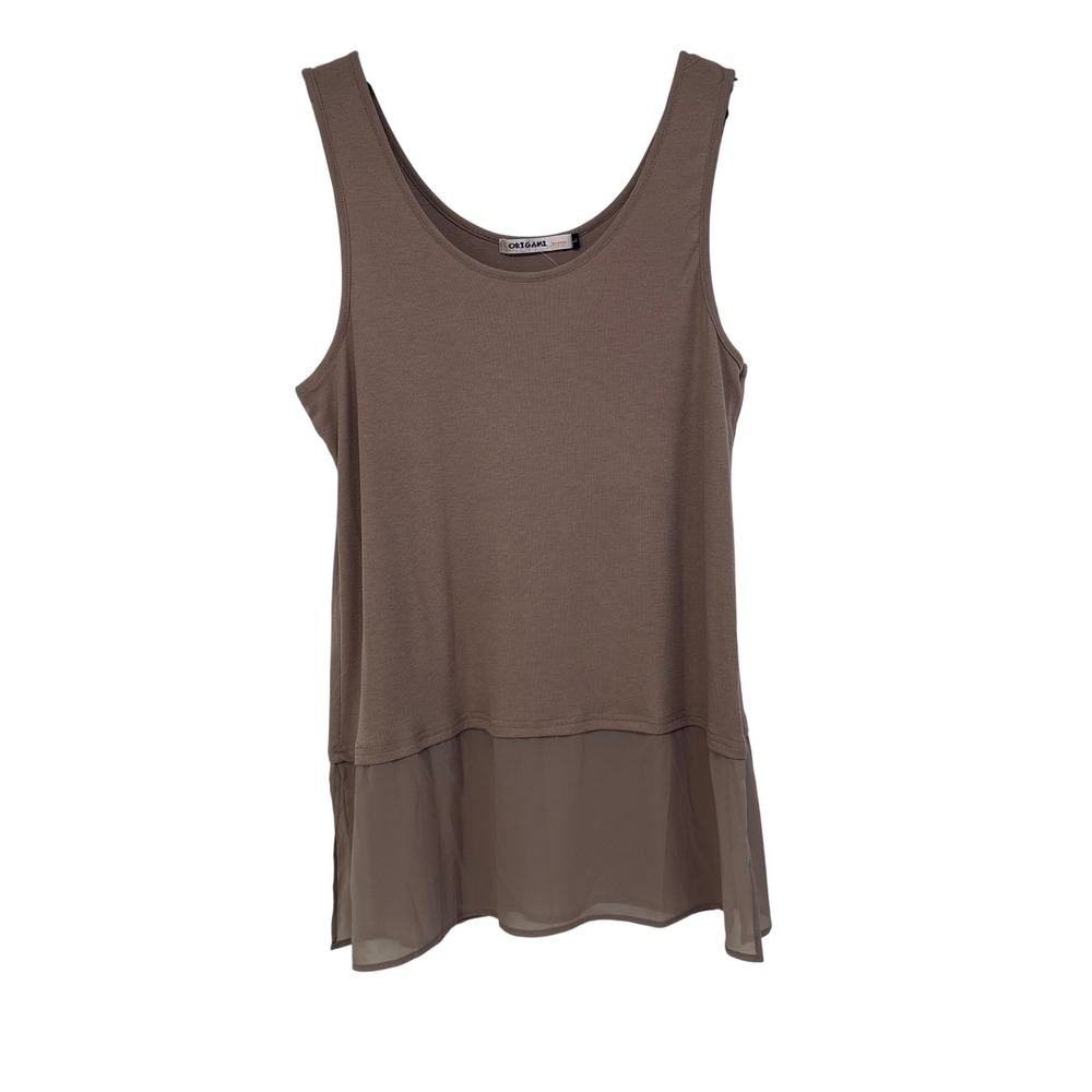 Origami by Vivien Women Taupe Ribbed Layered Sheer Hem Tank Top L Minimal
